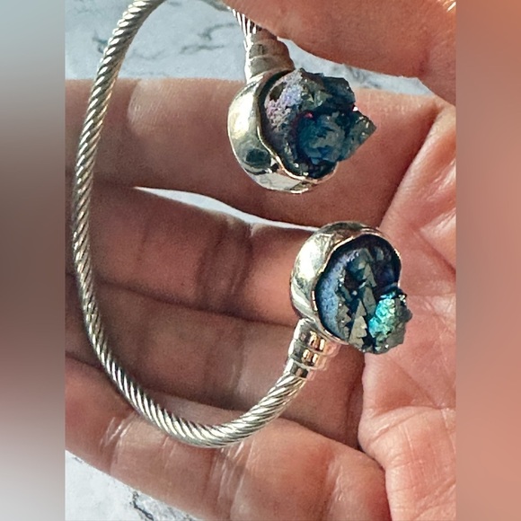 BRACELET CUFF SILVER TONE 6.75 DRUZY BLUE TWISTED ROPE 4139 B - Picture 2 of 13